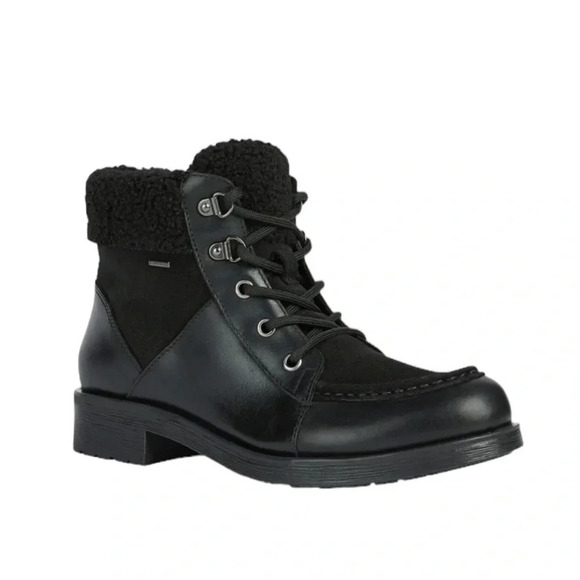 Geox Waterproof Rawelle ABX Leather Combat Ankle Boots Faux Fur Black Size 7 NWT - Picture 1 of 15